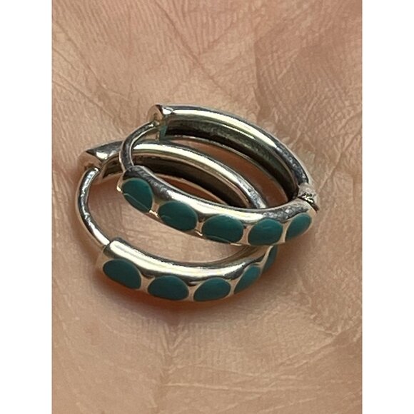 Aqua Blue Enamel 925 Silver Huggie Hoop Earrings Pierced - Picture 4 of 13